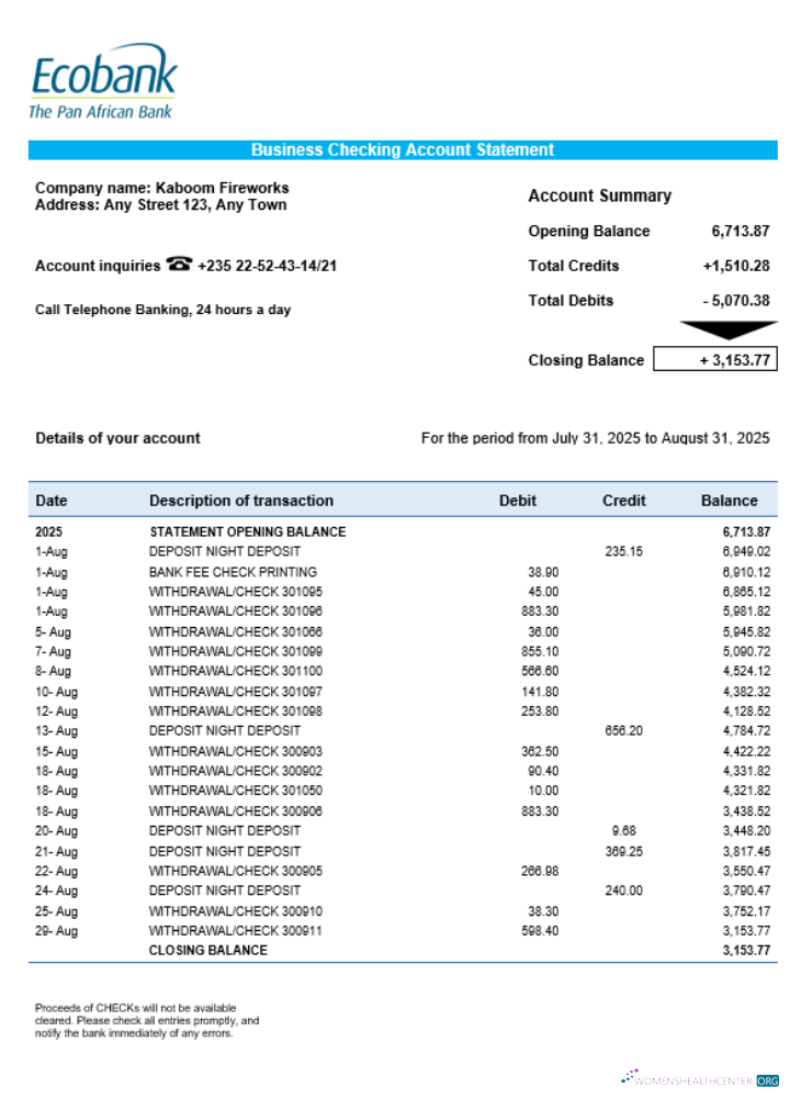 Download Chad Ecobank organization checking account statement Word and PDF template Photoshop template